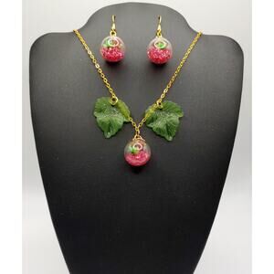 Strawberry Jewelry Set Pink Glass Fruit Necklace Earrings Cottagecore